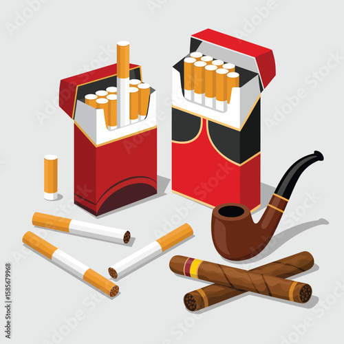 Collection of cigarettes cigars and smoking pipe on a plain background
