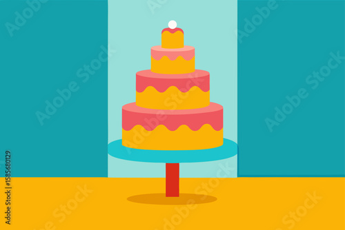 3 tier fondant cake in center of bright decorated 