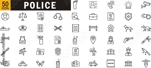 Police editable outline icon set. Law, security, crime, investigation, arrest, patrol and more.