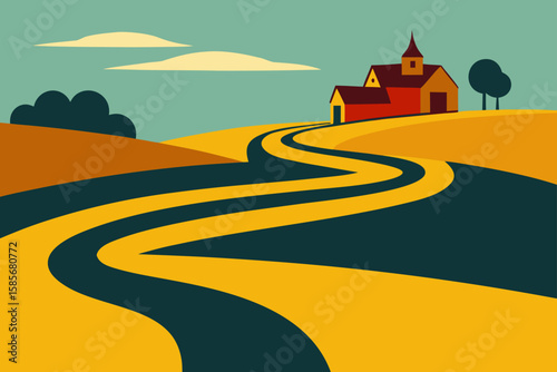 ancient road winding through fields and farmhouses 