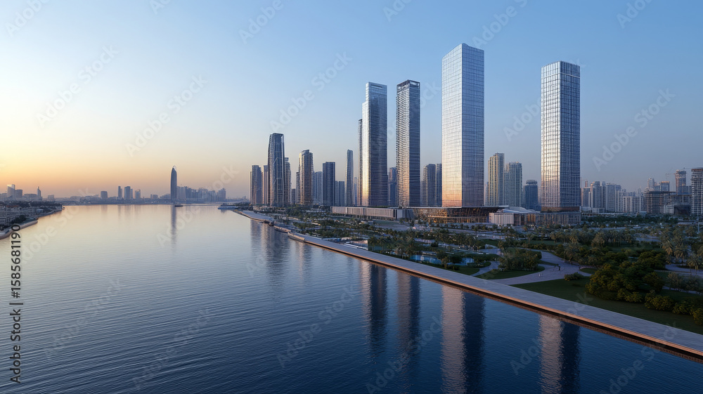 Obraz premium Modern skyscraper, waterfront, urban landscape, sunrise, reflection, peaceful
