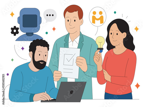 Teamwork with Artificial Intelligence Business People Brainstorming with Robot Chatbot Vector. AI in Workplace Vector People Sharing Ideas with Robot Assistance and Technology Support.