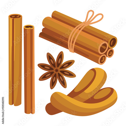 Assortment of aromatic spices including cinnamon sticks star anise and cardamom pods
