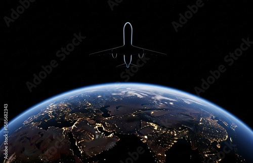 World Tourism Day abstract art with aircraft flying over glowing Earth, showing lit-up continents in the peaceful night of global journey