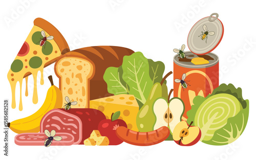 Flies contaminating various food items including pizza bread meat and canned goods