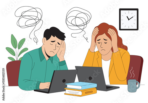 Stressed office workers with laptops facing deadline pressure flat vector illustration. Business team suffering from overwork and burnout at workplace modern flat design.