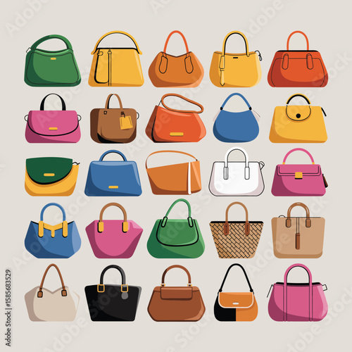 Collection of diverse handbags and purses in various colors and styles