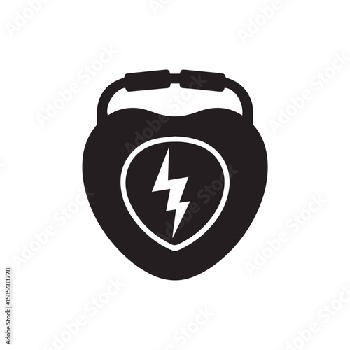A black and white icon representing a heartshaped defibrillator with a lightning bolt symbol, isolated on a white background