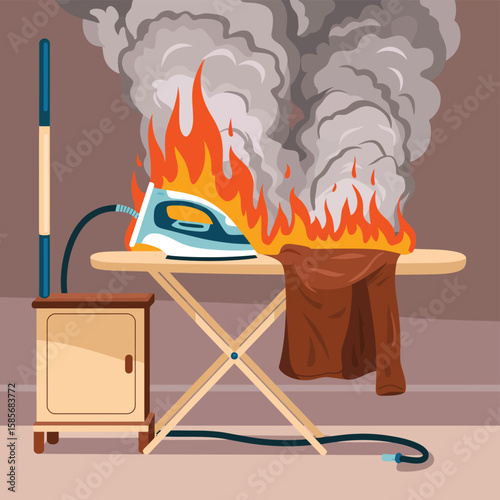 House fire caused by unattended iron burning clothes on ironing board