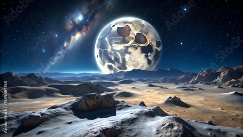 Photo of a colossal, cratered moon looms over a desolate alien landscape under a starry sky with a distant galaxy