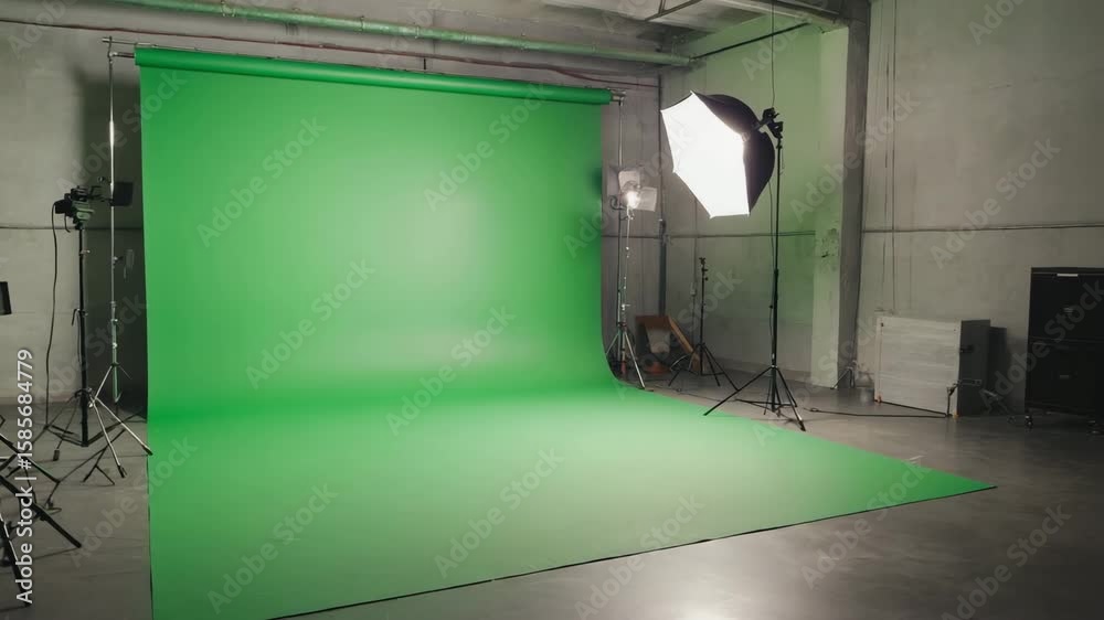 Indoor film studio setup with extended chroma green backdrop on floor and wall, surrounded by softbox lights, tripods, and reflectors, high-production quality scene, isolated on green background 