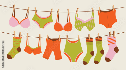 Colorful underwear and socks hanging on a clothesline with clothespins