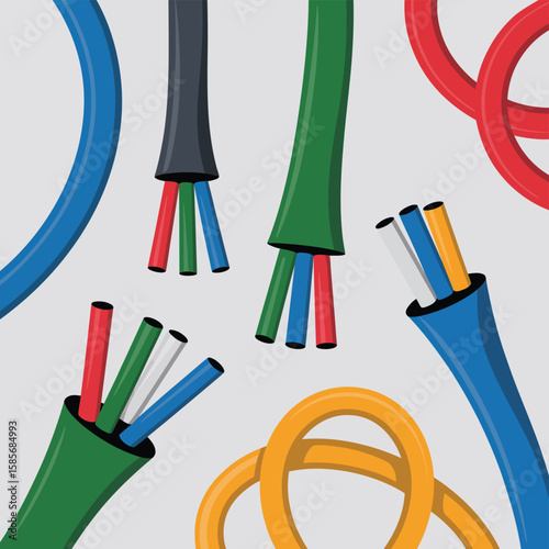 Colorful electrical wires and cables with exposed conductors in various arrangements