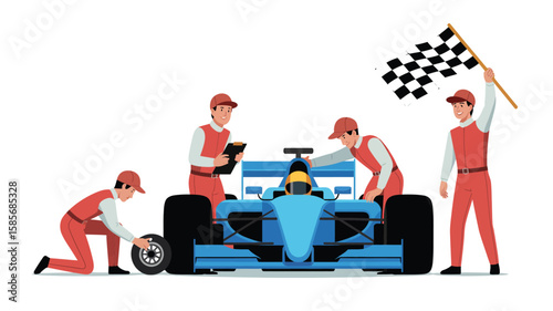 Formula one pit crew working on blue race car with checkered flag