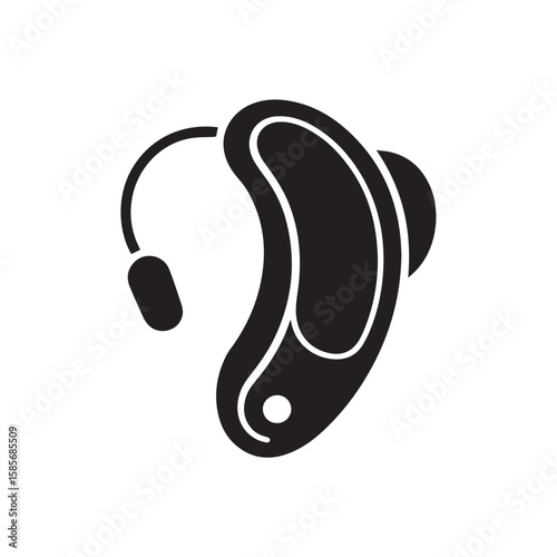 A black icon of a hearing aid, representing sound amplification and assistance for hearing loss