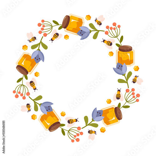 Round frame with honeycombs, honey jar, flowers. Cute bee products with flowers circle frame flat vector illustration isolated on white. Circle template for summer designs, farm supplies, honey labels