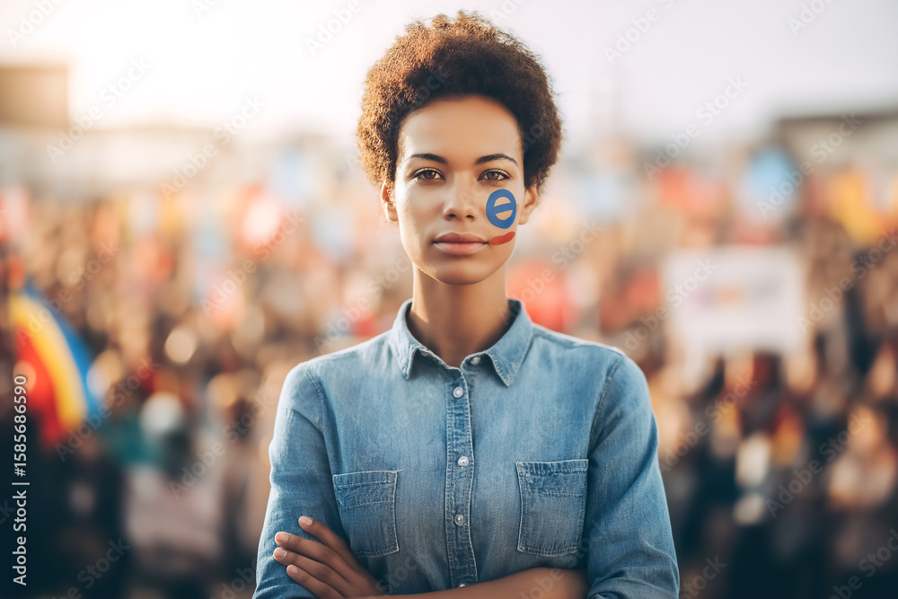 Fototapeta premium Woman with face paint stands confidently at social justice rally, diverse crowd in background displaying colorful signs. Concept of activism, community engagement, human rights