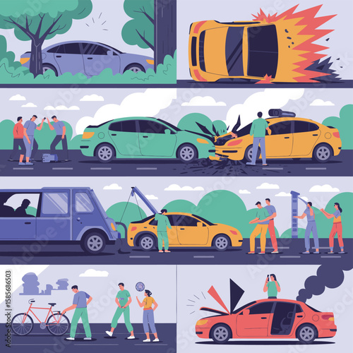 Diverse car accidents and roadside assistance scenarios illustrated in a grid layout