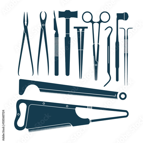 Collection of surgical and carpentry tools including saws scalpels forceps and scissors