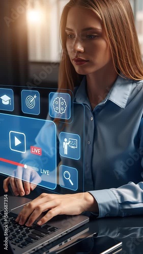 Young businesswoman using laptop to stream online video content with futuristic virtual interface displaying live broadcast elements. Concept of digital media, streaming and online learning
