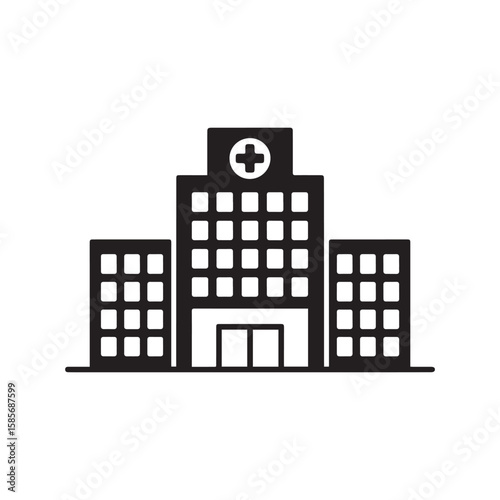 A black silhouette of a hospital building with a cross symbol on top, isolated on a white background