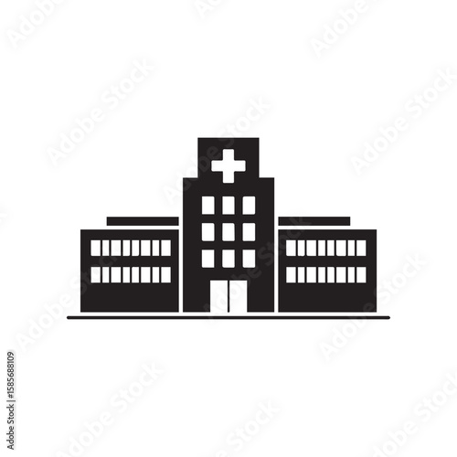 A black silhouette of a hospital building with a cross symbol on top, isolated on a white background Vector Art
