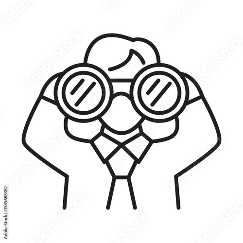 Line icon of job seeker hunter, un-employee worker holding binoculars in hands searching job wear tie illustration design