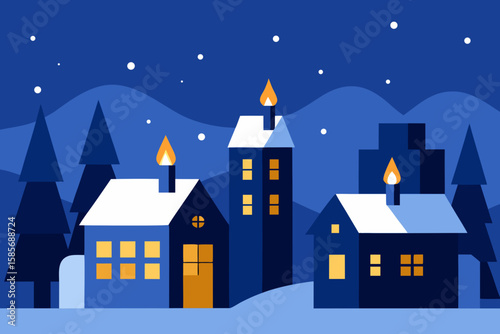 frosty rooftops and candlelit windows in a winter