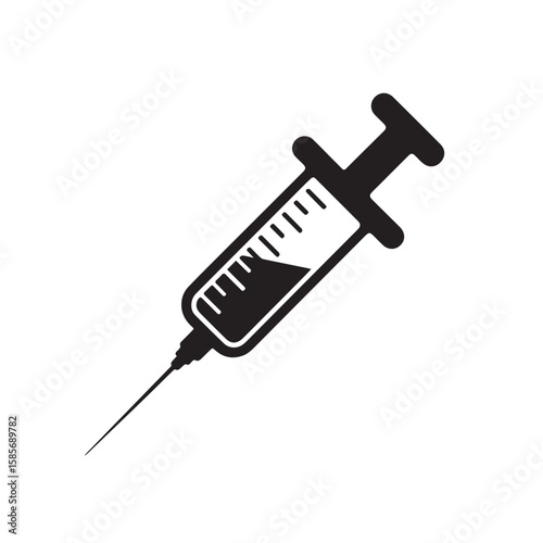 A black silhouette of a medical syringe with a needle and liquid inside, representing injections and healthcare