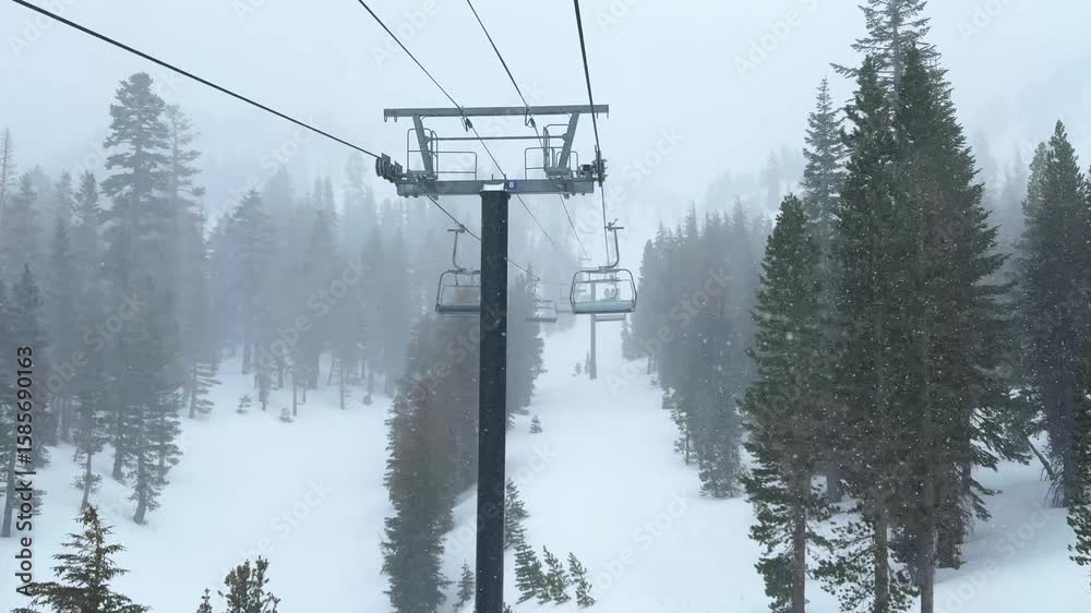 Chairlift Mammoth mountain ski resort The Hemlocks main lodge winter feet of snow dumping snowy blizzard on ski snowboard trail run California cloudy foggy backcountry forest follow motion Chairlift Mammoth mountain ski resort The Hemlocks main lodge winter feet of snow dumping snowy blizzard on ski snowboard trail run California cloudy foggy backcountry forest follow motion