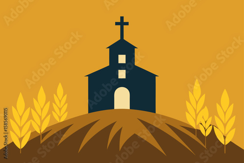 hilltop chapel surrounded by golden grasses 