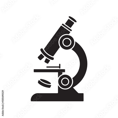 A black silhouette of a microscope, symbolizing scientific research and discovery, isolated on a white background