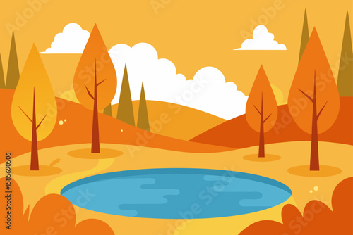 little lake surrounded by warm golden forest durn