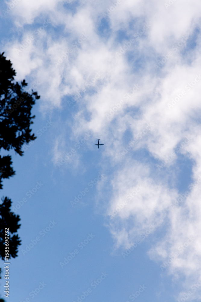 Fototapeta premium Airplane flying through the sky in far distance passing through the clouds