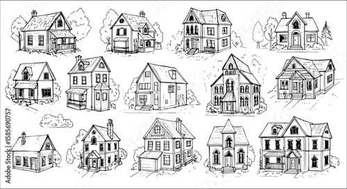 Collection of hand-drawn line art illustrations showcasing diverse residential house styles, from traditional suburban homes to charming old-fashioned and vintage architectural designs.