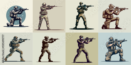 illustration set of soldier cartoon characters