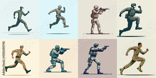illustration set of soldier cartoon characters