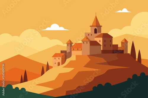 medieval hilltop village in warm summer haze  .svg