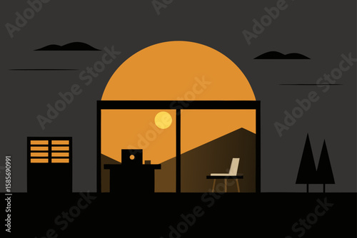 moody sunset over minimalist black and gold office 