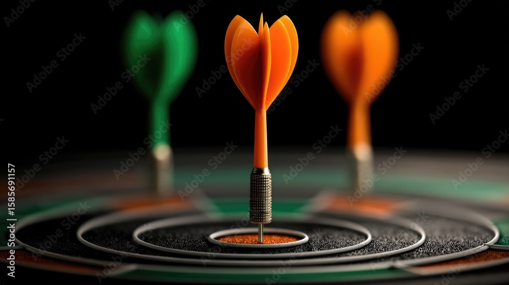 Fototapeta premium Bullseye Triumph: An overhead perspective captures the precision of dartboard, with a vibrant orange dart piercing the bullseye, flanked by other darts.