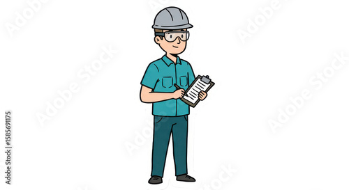 Cartoon Worker with Clipboard and Safety Gear