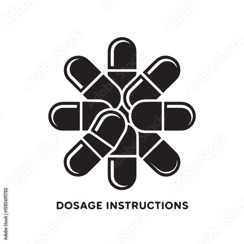 A circular arrangement of black and white capsule pills, illustrating dosage instructions and the concept of medication, isolated on a white background