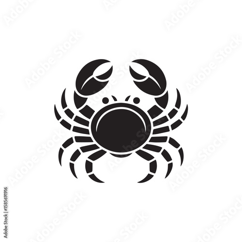A bold black and white graphic silhouette of a crab with prominent claws, representing marine life and the ocean, isolated on a clean white background