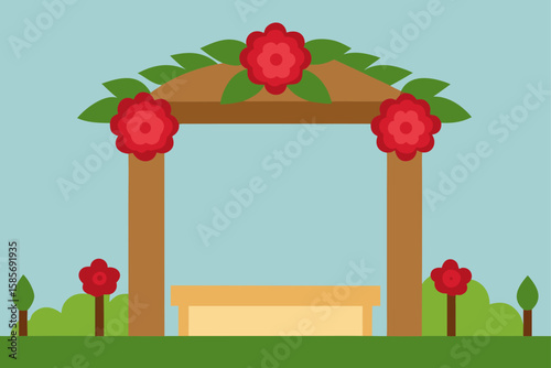 outdoor altar with wooden frame and full bloom 
