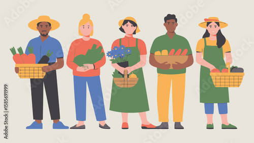 Minimalist Vector SVG Illustration of Diverse People Holding Vegetables and Flowers in Flat Design Style with Bright Colors for Digital and Commercial Use