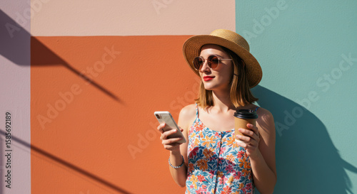 Young woman with coffee and phone stands against a vibrant, colorful painted wall outside.