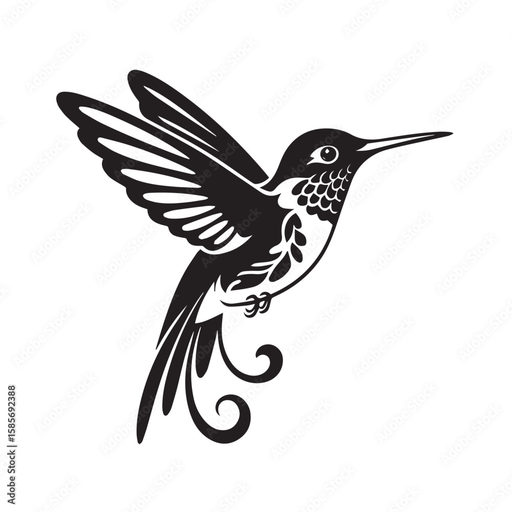Obraz premium A dynamic black silhouette of a hummingbird in flight, with detailed wings and body, is presented isolated on a white background