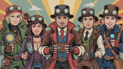 Vector SVG Illustration of Steampunk Characters with Goggle Accessories in Modern Flat Style