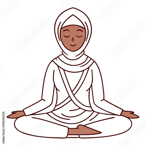Woman in white hijab meditating peacefully meditation
