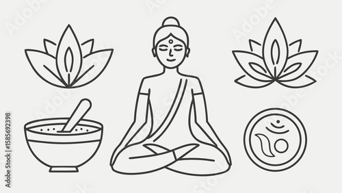 Serene yoga composition featuring a meditating figure, lotus flower, bowl and the sacred Om symbol in a peaceful, spiritual graphic.